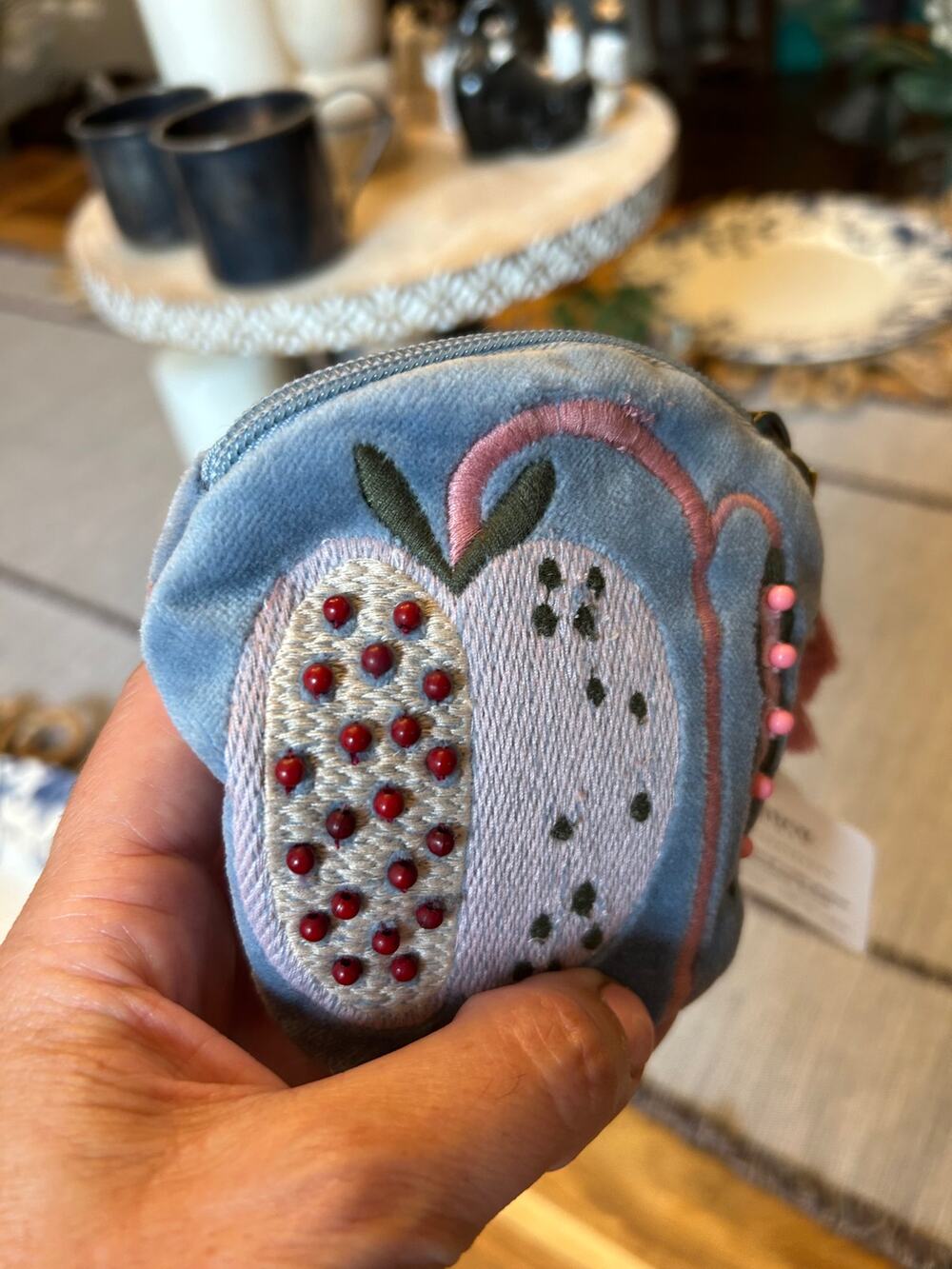 Blue Velvet Pouch Embroidered Apple Velvet Purse Accessory Small Goods Bag